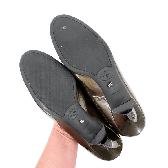 Prada Vernice Taffeta Peltro Green Patent Leather Kitten Heels 39.5 NEW in Box - Picture 5 of 13